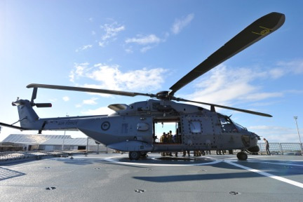 The RNZAF's new NH90 successfully completes it's trial landing on the HMNZS CANTERBURY.